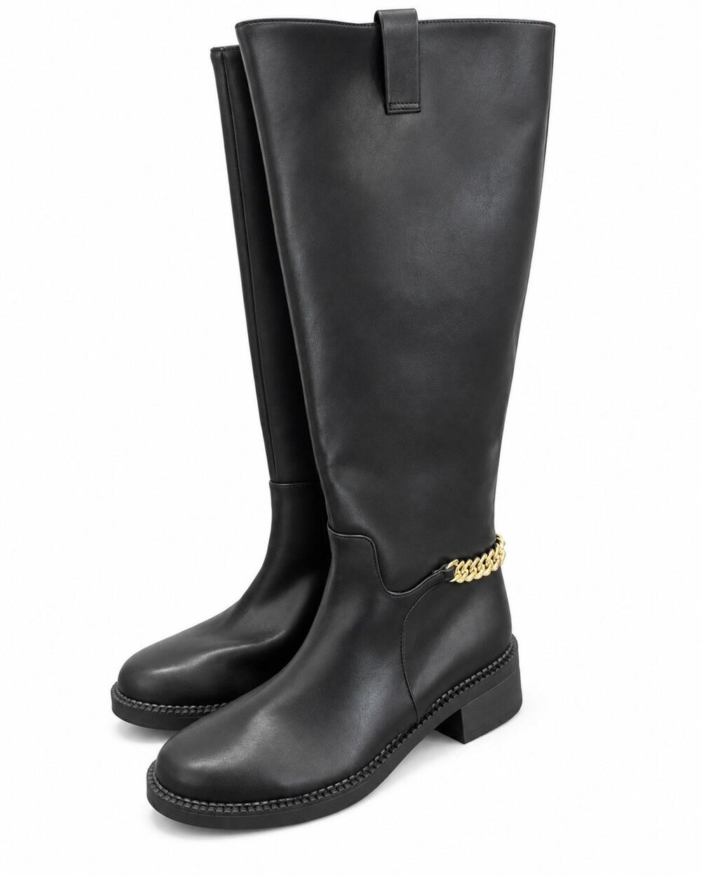 A New Day Women’s Size 10 Black Knee High Boots Gold Chain Low Block Heel